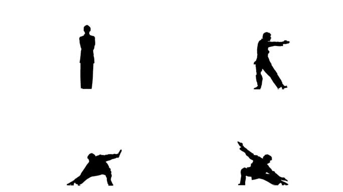 穿着和服的空手道或跆拳道男子展示了不同的元素，轮廓