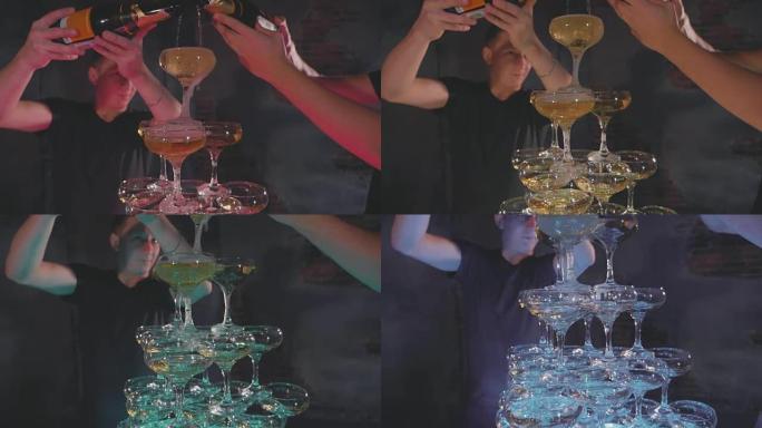 服务员在慢动作的金字塔酒杯中倒香槟，特写镜头