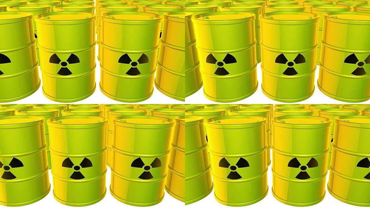 带有酸性绿色黄色桶的环形动画背景，带有黑色辐射标志。放射性物质。有毒废物。白色背景。4k。无缝循环。