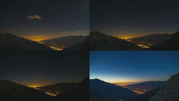 从日落到夜晚到阿尔卑斯山日出的延时