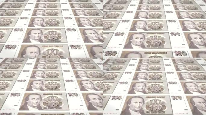 旧南斯拉夫银行的100南斯拉夫第纳尔的纸币在屏幕上滚动，世界硬币，现金货币，循环