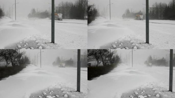 在冰岛的一场暴风雪中除雪机除雪