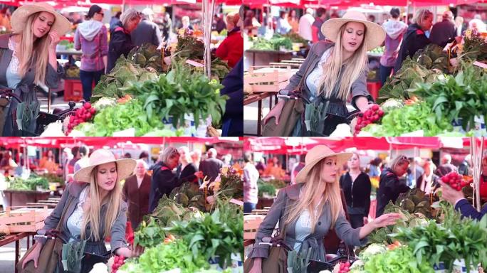 女孩在市场上摘萝卜