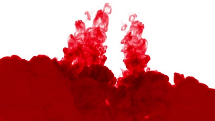 特写镜头。红色水粉倒入水中，以慢动作移动。用于漆黑的背景或带有烟雾或墨水效果的背景，阿尔法通道用于亮