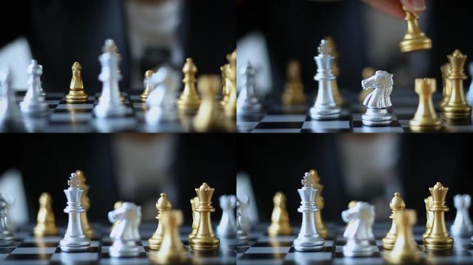 近距离射击的商业女人移动金棋手击败了一个银王棋在白和黑棋盘上的商业挑战竞争赢家和输家的概念