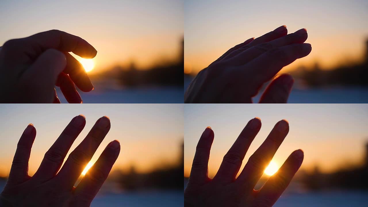 他手中的太阳。女人手捕捉太阳的背景上美丽的日落在地平线上。自然。
