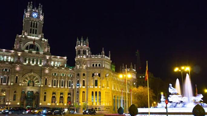 马德里夜灯交通邮局喷泉景观4k延时西班牙
