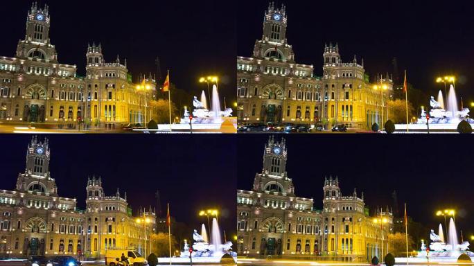 马德里夜灯交通邮局喷泉景观4k延时西班牙