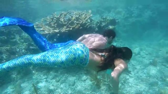 美人鱼夫妇从热带海滩在水下游泳