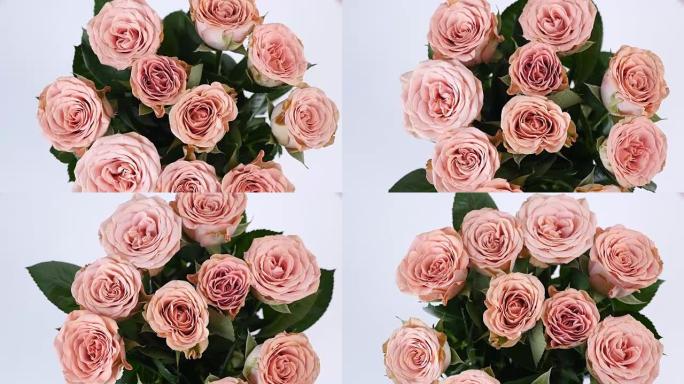特写，从上面看，鲜花，花束，旋转，花卉组成由玫瑰卡布奇诺组成。神圣之美