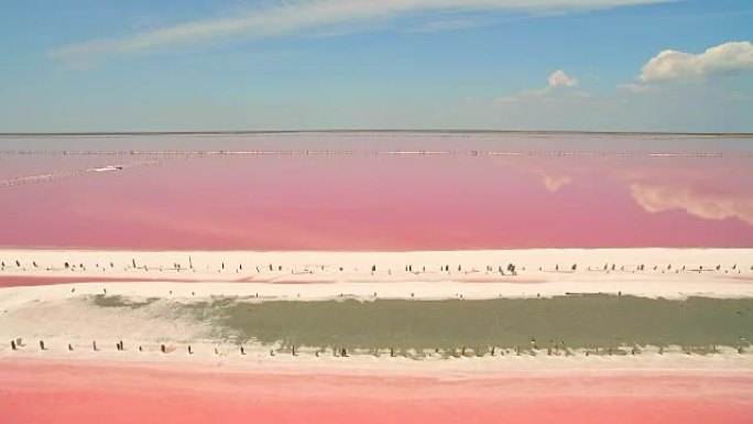 粉红色浮游生物色盐海水蒸发池的鸟瞰图