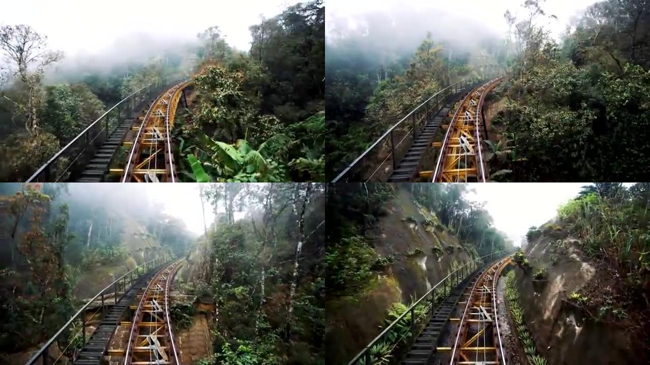 移动的旅客列车通过山区的森林铁路行驶。火车去车库。多云的天气。