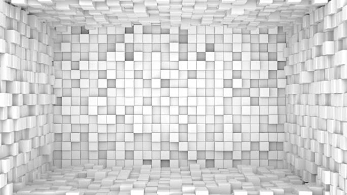 白色立方体挤压的房间。无缝循环3D动画