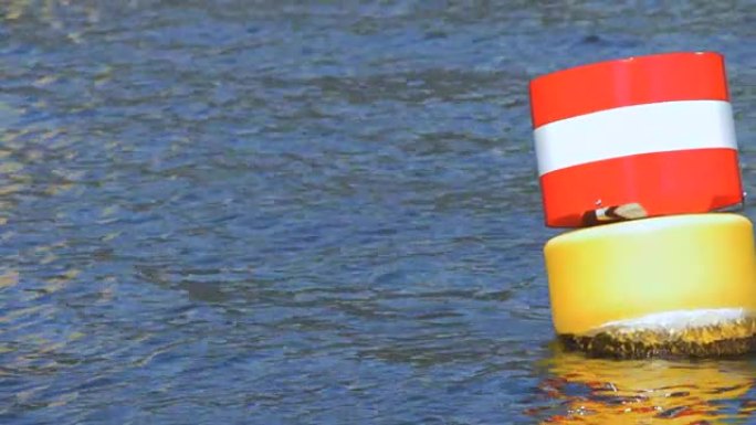 蓝色施普雷河水中的黄色红色和白色钢制航行浮标