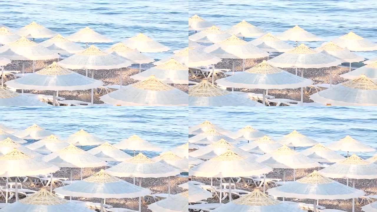 土耳其海滨的许多草编沙滩伞