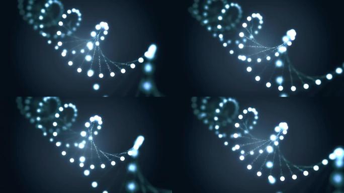 旋转的DNA发光分子的3D渲染动画。遗传学概念。
