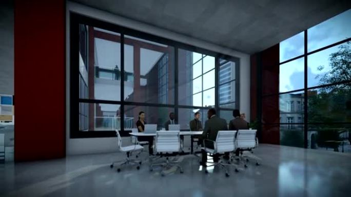 会议室商务团队会议，延时日落，倾斜