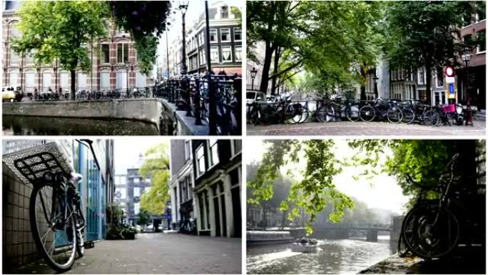 四合一: 阿姆斯特丹概念-自行车，荷兰阳光明媚的欧洲秋季运河