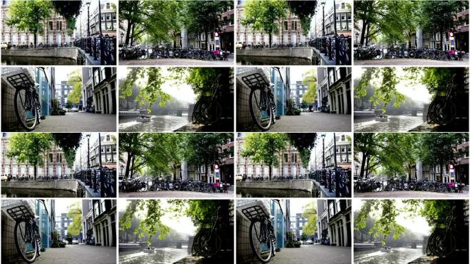 四合一: 阿姆斯特丹概念-自行车，荷兰阳光明媚的欧洲秋季运河