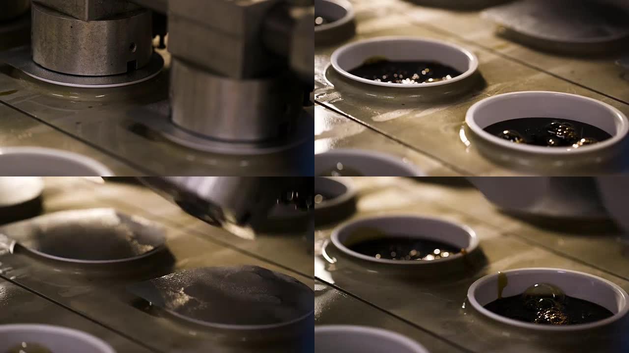 在工厂中，将盖子自动放置在装满糖浆的桶上