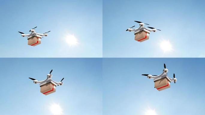 无人机四轴飞行器在蓝天下飞行，并提供包裹-几乎是自主的无人机交付
