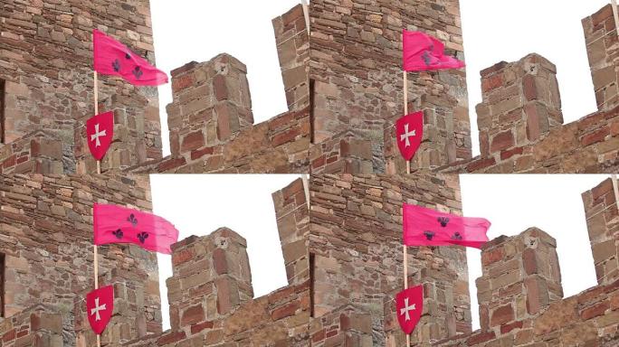 堡垒墙上有百合花的红旗