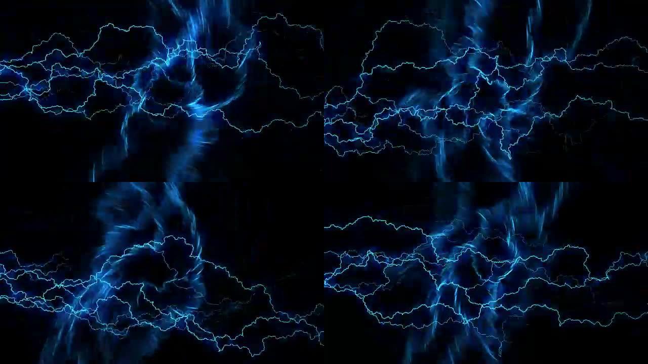 电噼啪作响。带电弧的摘要背景。现实的雷击。雷雨闪烁着闪电。无缝循环。蓝色。