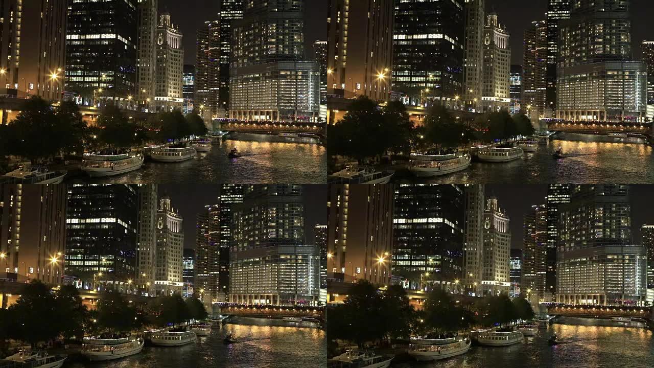 天黑后芝加哥河滨步道的景色