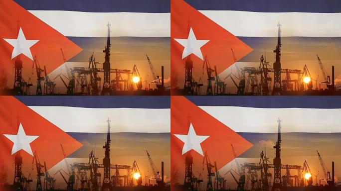 日落时带有古巴国旗的工业概念