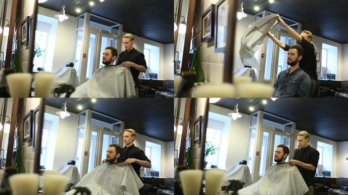 理发店客户坐在理发椅上慢动作