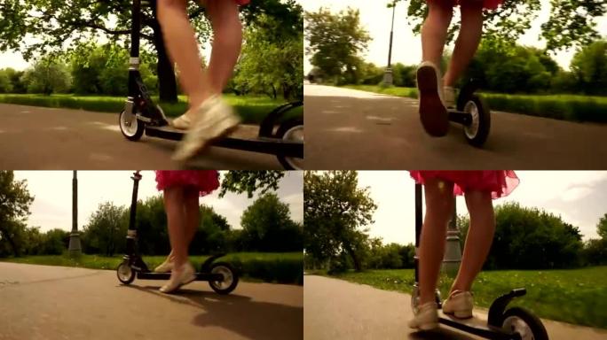玩迷你踏板车的女孩，踢踏板车