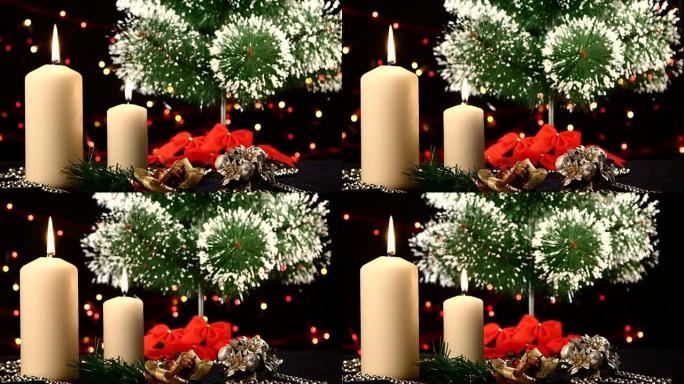 两支白色蜡烛，带有圣诞装饰和黑色、bokeh、光、花环、旋转上的树