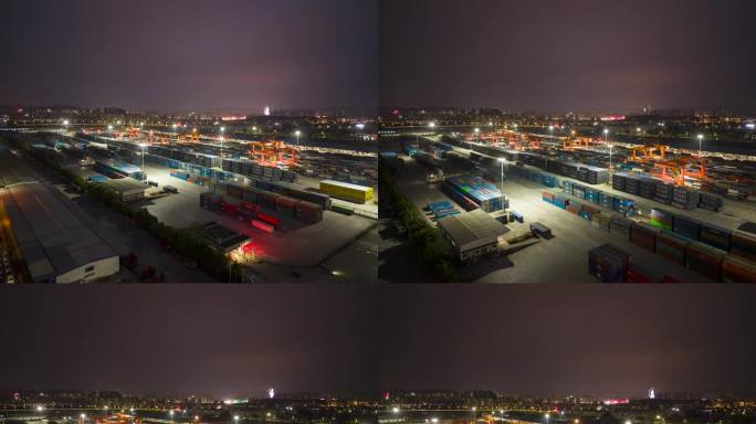 重庆渝新欧国际公铁物流园夜景延时航拍