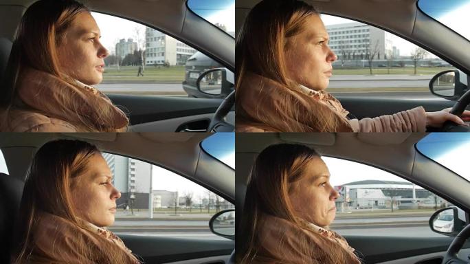 开车的女孩，华丽的太阳耀斑和分级。偶尔的暴露变化是由于路标使太阳失明一秒钟而引起的。
