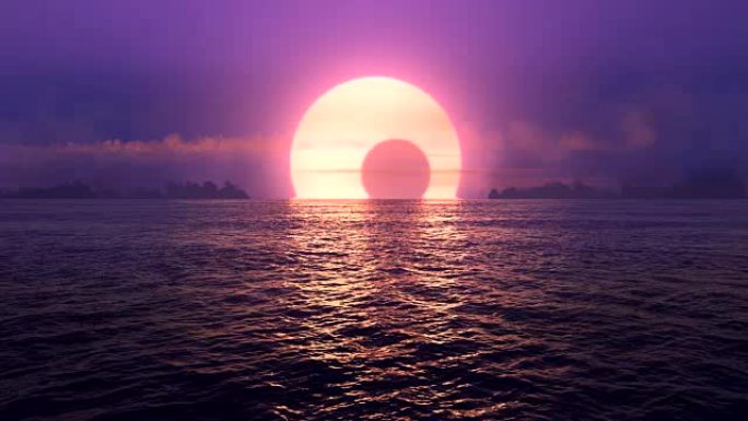 紫色的日落和日食在无缝环绕的海洋上。