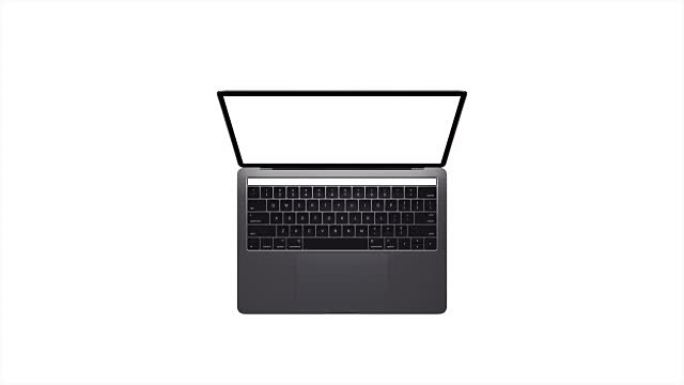 无品牌现代笔记本电脑的俯视图，带触摸条，空白白色屏幕