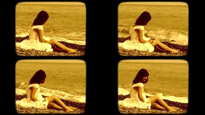 美丽的女人坐在沙滩上，穿上长统袜