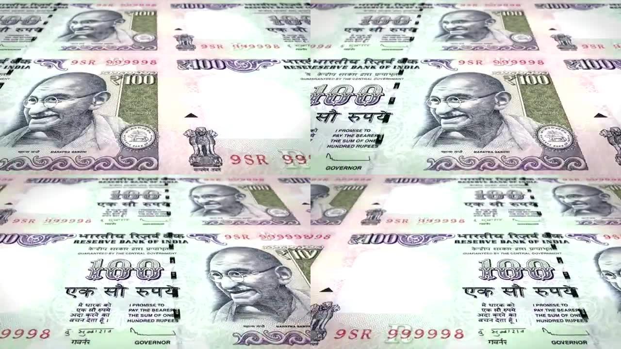 100印度卢比的钞票印度滚动，现金，循环
