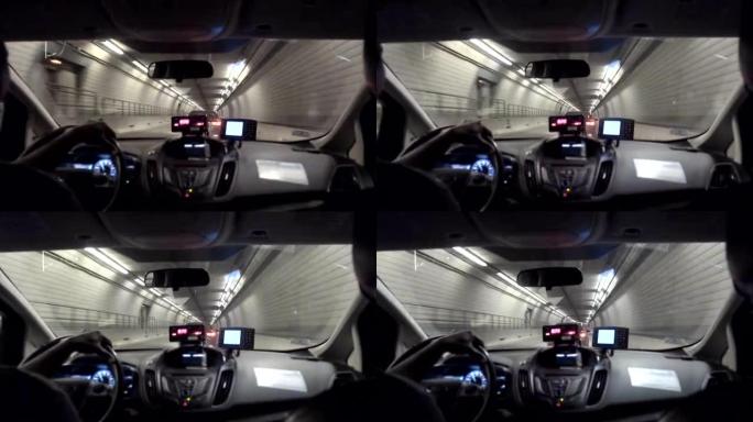 波士顿隧道内出租车内乘客的后座视图