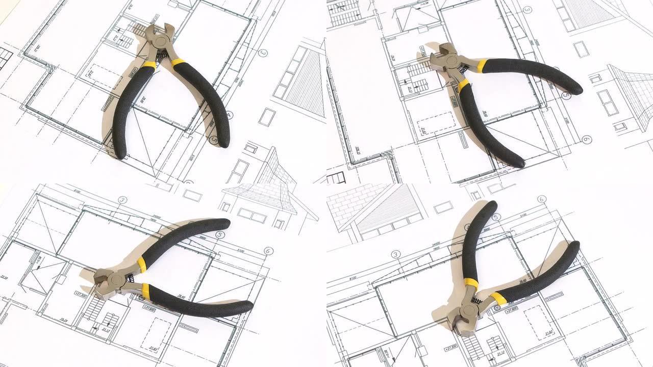 建筑平面图、方案、旋转上黄色、灰色手柄的钢丝钳