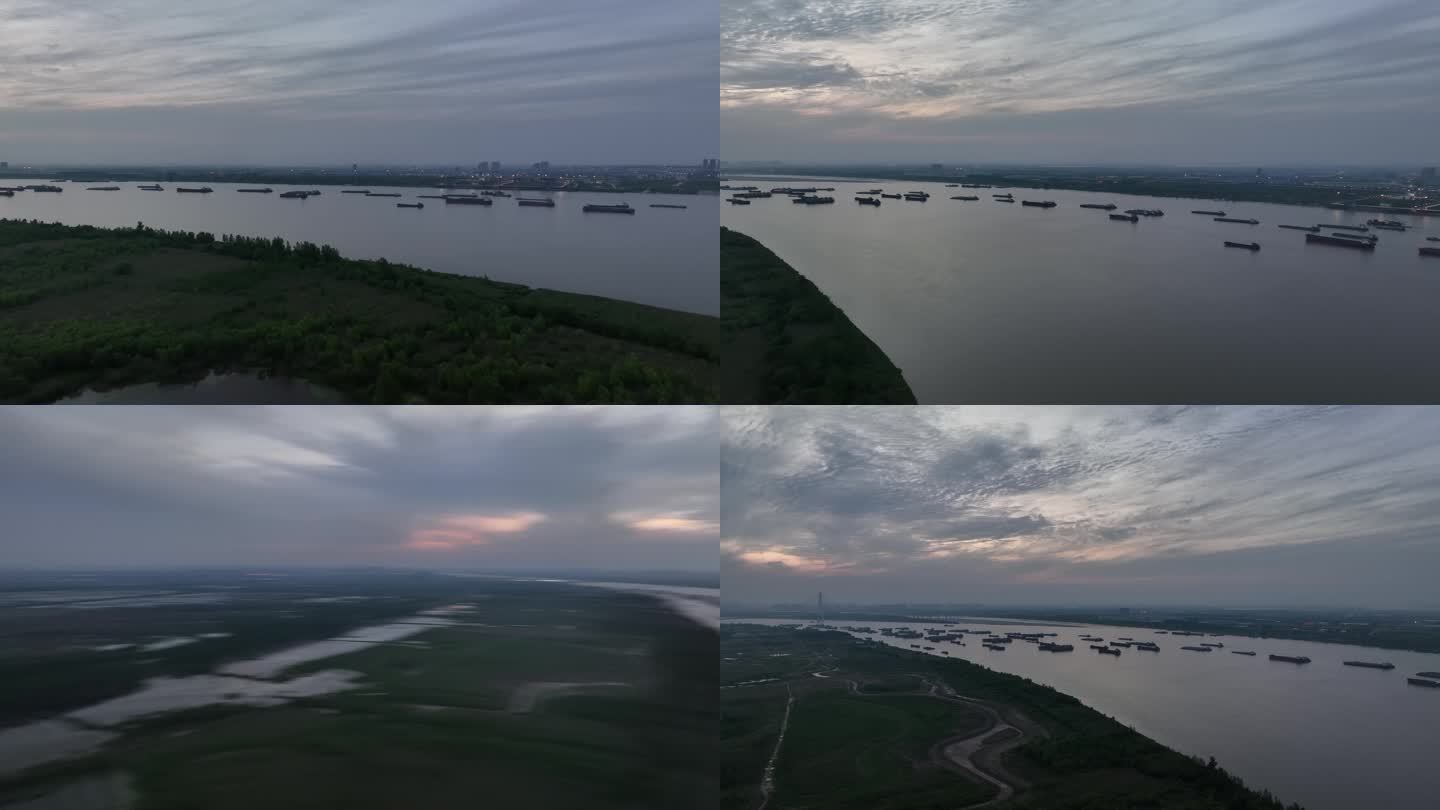 长江武汉段弯曲的江面上有很多船风景航拍