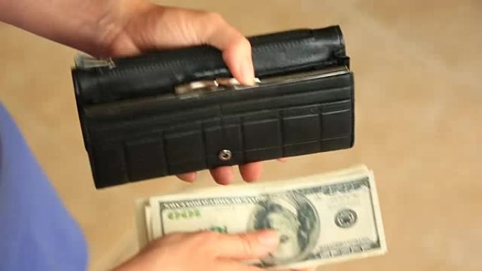 女人的手拿着一个带有美元的钱夹