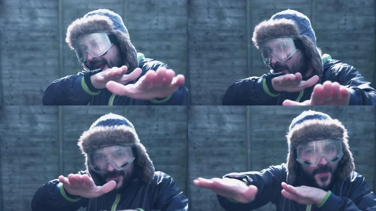 一个极端男人摆姿势滑稽和做鬼脸的4k自然镜头