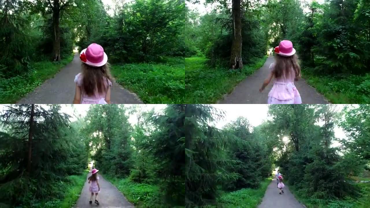 十几岁的男孩和女孩沿着公园的小路互相奔跑。