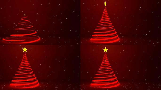现代红丝带圣诞树设计和落雪，3D动画