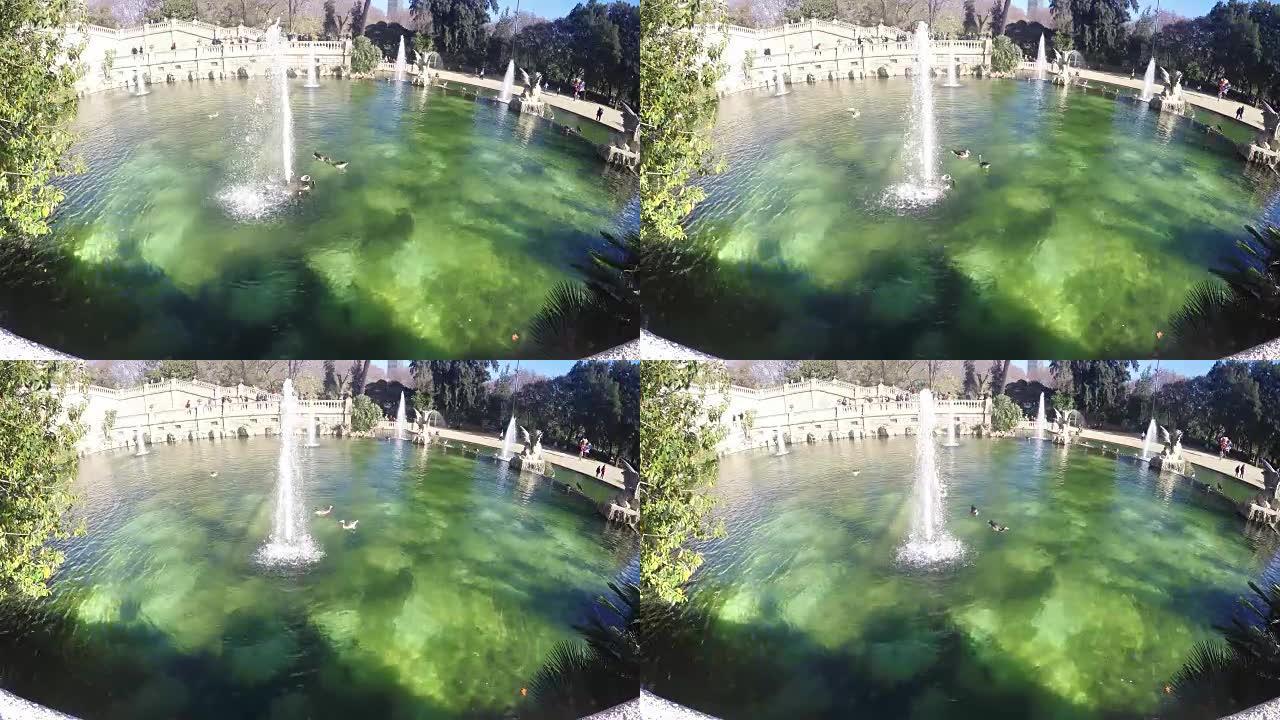 西班牙巴塞罗那ciutadella公园的喷泉，4k