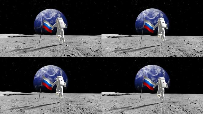 在一个星球上行走的俄罗斯宇航员