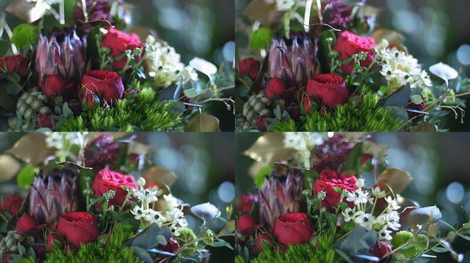 特写，花束在光线中，旋转，由Protea，Brunia green，Barbatus，玫瑰介子形波尔