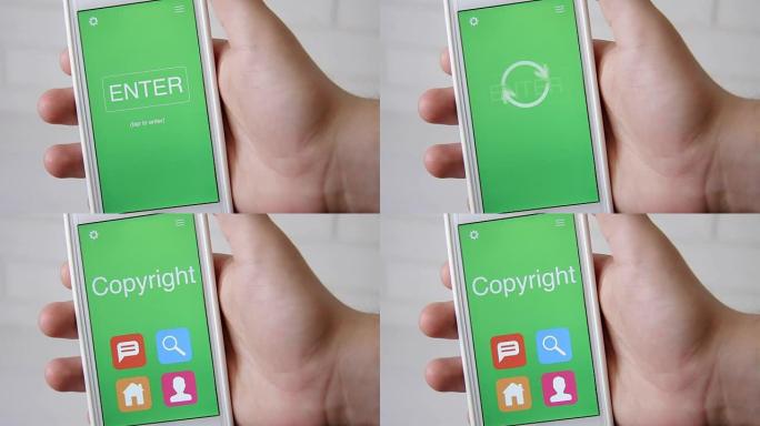 智能手机上的版权概念应用程序Man使用移动应用程序。