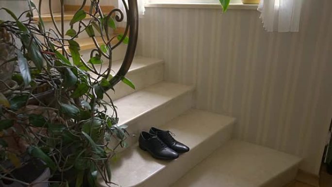 楼梯上的一双正式男士皮鞋